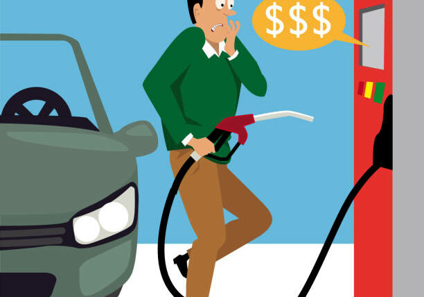 Man shocked by gas prices at the fueling pump, EPS 8 vector illustration